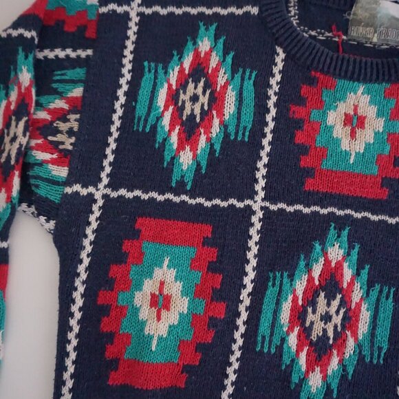Vintage '90S Rivertrader Navy Knit Teal Red Aztec Cotton Blend  Crew Sweater L - Picture 9 of 12